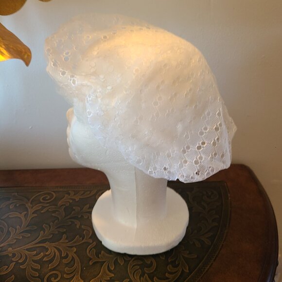 Vintage Sleep Cap Bonnet White Sheer Eyelet Lace Hair Cover Curler Protector - Picture 6 of 7